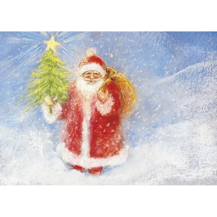 Postkarte Weihnachtsmann von Marjan van Zeyl, Weihnachtsmann mit Baum und Geschenksack im Schnee