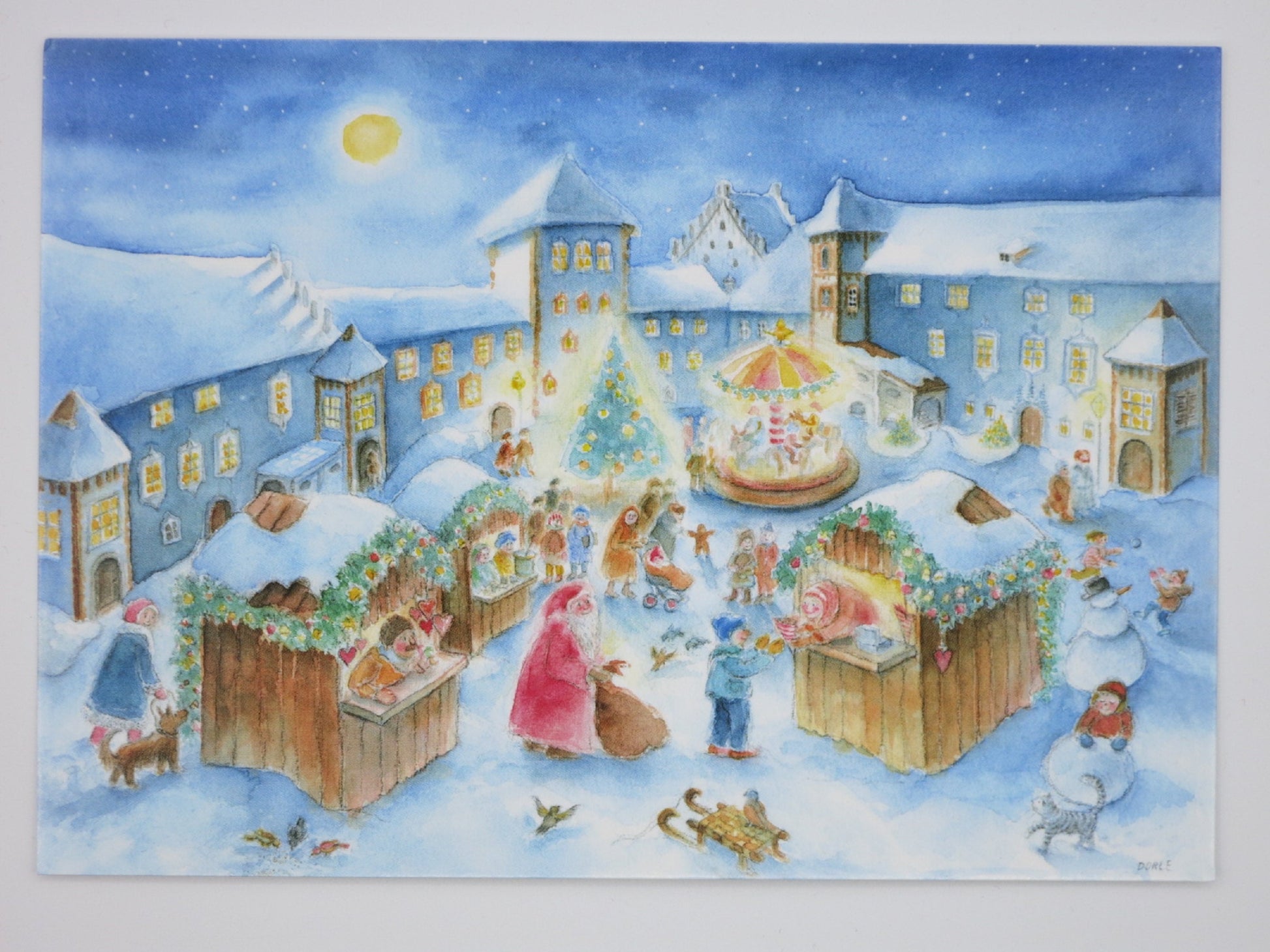 Kunstpostkarte Weihnachtsmarkt von Dorle Schausbreitner – Weihnachtsmann und Karussell bei Nacht, PKWI76