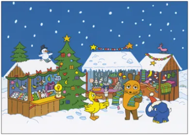 Postkarte Sendung mit der Maus Weihnachtsmarkt von Isolde Schmitt-Menzel: Maus mit Schal, blauer Elefant mit Zipfelmütze und gelbe Ente vor verschneiten Marktbuden und Tannenbaum