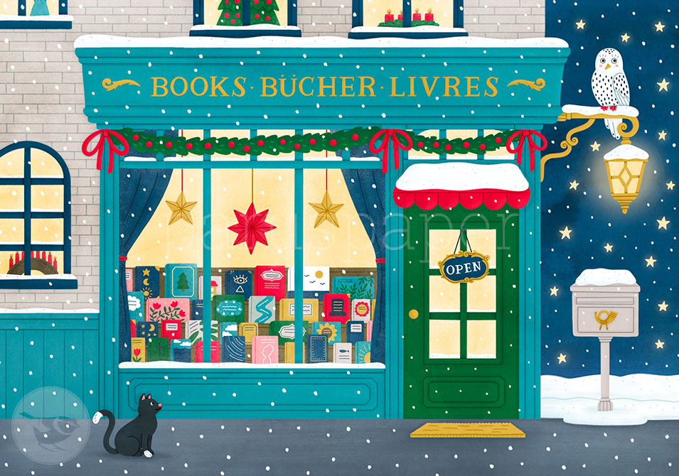 Weihnachtspostkarte Buchhandlung mit Schnee-Eule und schwarzer Katze bei Nacht