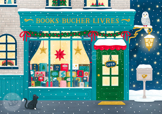 Weihnachtspostkarte Buchhandlung mit Schnee-Eule und schwarzer Katze bei Nacht