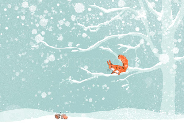 Weihnachtspostkarte Eichhörnchen auf schneebedecktem Ast mit Eicheln
