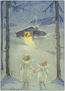 Postkarte 'Engel auf dem Weg zur Krippe' von Erica von Kager: zwei Engel gehen Hand in Hand durch den verschneiten Winterwald zu einer erleuchteten Hütte.