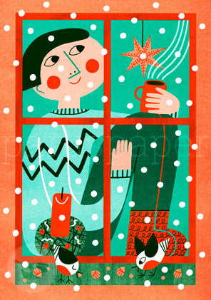 Weihnachtspostkarte grafisches Fenstermotiv mit Stern, Kerze und Gimpeln