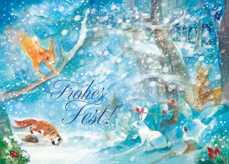 Postkarte 'Frohes Fest' von Marie Laure Viriot: Eichhörnchen, Füchse und Hasen im verschneiten Winterwald.