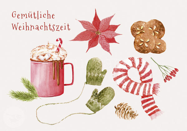 Weihnachtspostkarte Kakao, Weihnachtsstern, Plätzchen und Handschuhe, Gemütliche Weihnachtszeit