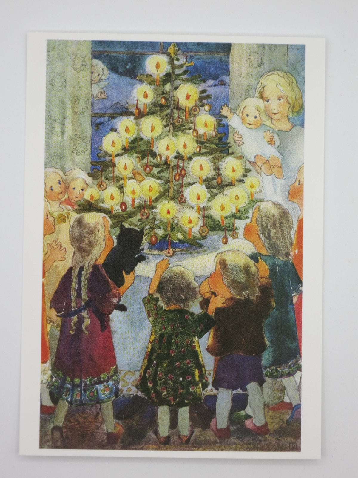 Weihnachtspostkarte historische Illustration, Kinder am Kerzenbaum mit Katze, Frohes Weihnachtsfest