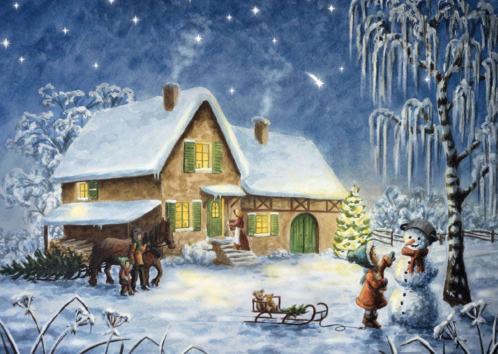 Weihnachtspostkarte für Kinder: Fachwerkhaus im Dorf mit Weihnachtsbaum, Schneemann und Schlitten im Abendschnee