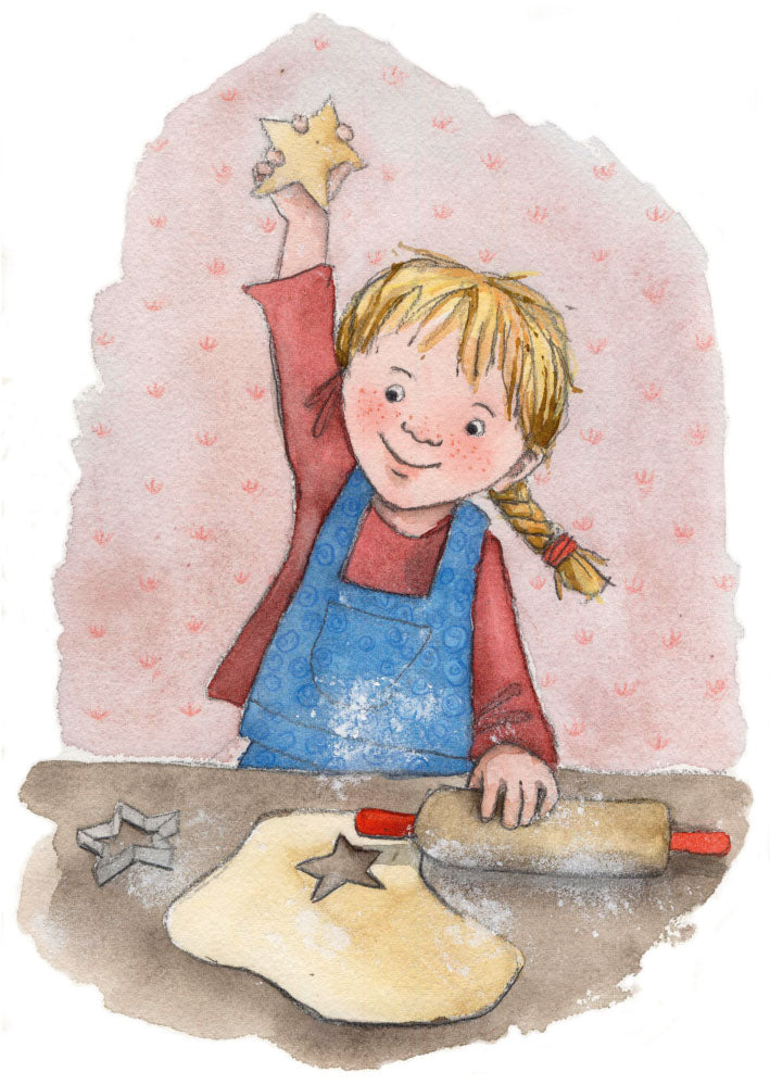 Weihnachtspostkarte für Kinder: Mädchen backt Sterne-Plätzchen mit Ausstecher und Nudelholz, Waldorf Jahreszeitentisch Advent
