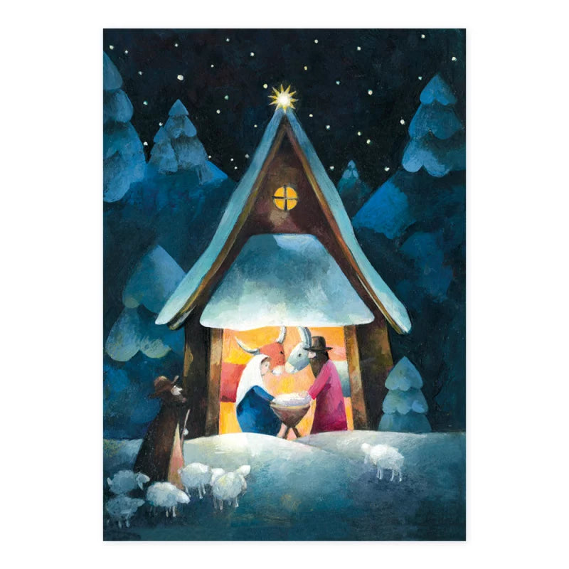 Weihnachtspostkarte Krippenszene in der Scheune mit Hirten und Schafherde im Schnee