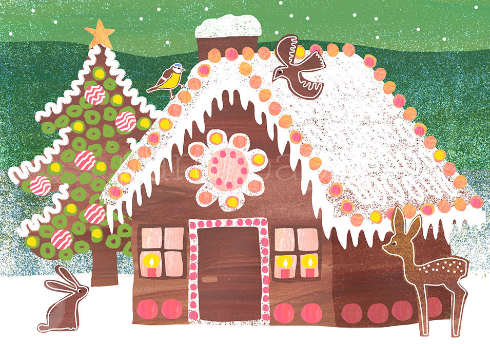 Postkarte 'Lebkuchenhaus' von Maike Neuendorff: verziertes Lebkuchenhaus im Schnee mit Hase, Reh und Vogel.