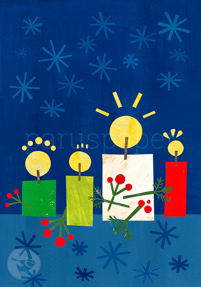 Weihnachtspostkarte vier Kerzen in Collage-Optik vor blauem Sternenhimmel