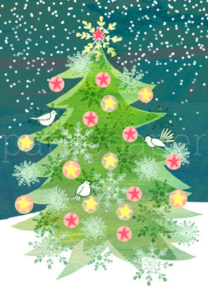Weihnachtspostkarte leuchtender Weihnachtsbaum mit drei Vögeln im Schnee
