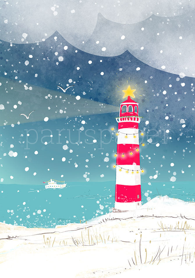 Weihnachtspostkarte Leuchtturm mit Lichterkette und Stern an der Küste im Schnee