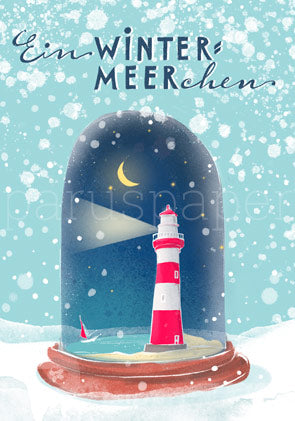 Weihnachtspostkarte Leuchtturm in Schneekugel-Form mit Segelboot, Ein Wintermeerchen