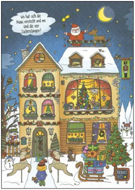 Rätsel-Postkarte 'Wo hat sich die Maus versteckt?' von Charis Bartsch: Suchbild mit Weihnachtsmann, Rentieren und Mäusen im verschneiten Puppenhaus.