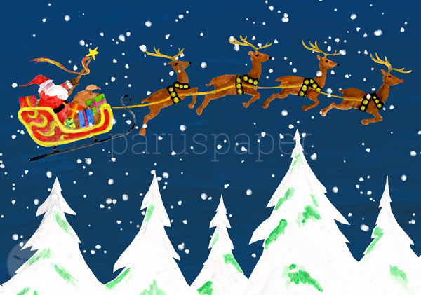 Weihnachtspostkarte Weihnachtsmann im Schlitten mit vier fliegenden Rentieren