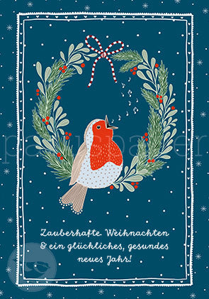 Weihnachtspostkarte singendes Rotkehlchen im Tannenkranz, Weihnachts- und Neujahrsgruß