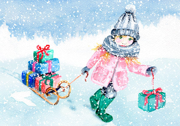 Weihnachtspostkarte Mädchen zieht Schlitten voller Geschenke im Schnee