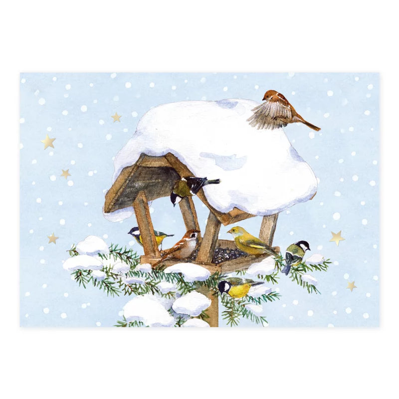 Weihnachtspostkarte sechs Wintervögel am schneebedeckten Vogelhaus