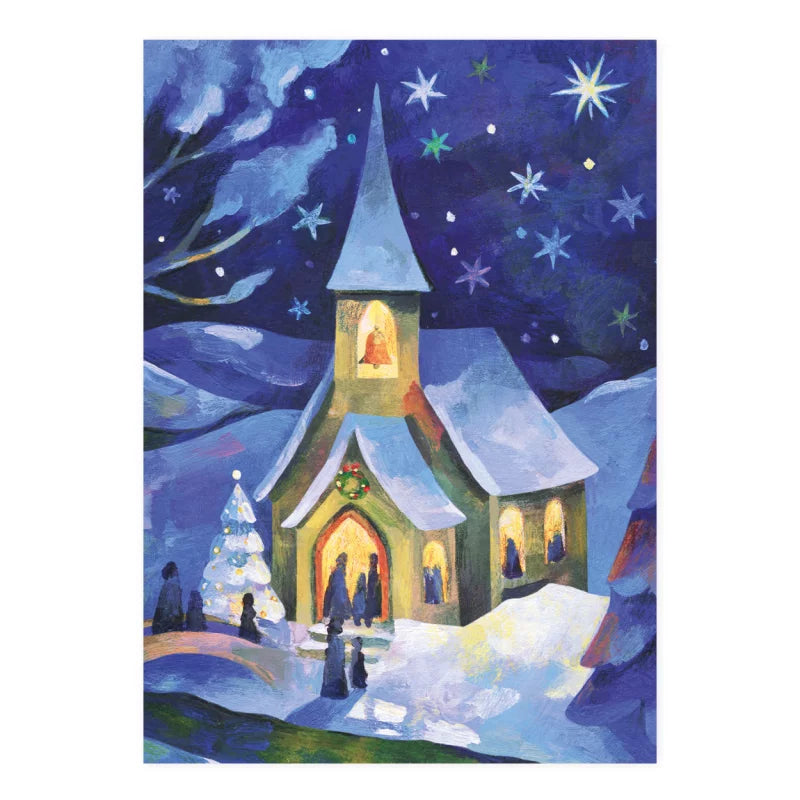 Weihnachtspostkarte erleuchtete Dorfkirche, Menschen gehen zur Christmette im Schnee
