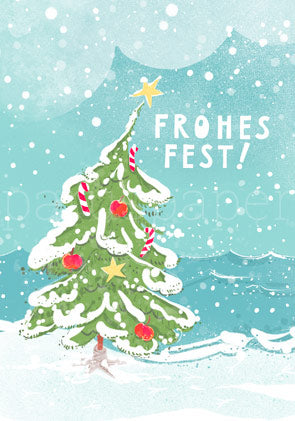 Weihnachtspostkarte geschmückter Tannenbaum an einer Meereswelle, Weihnachtsbaum am Meer