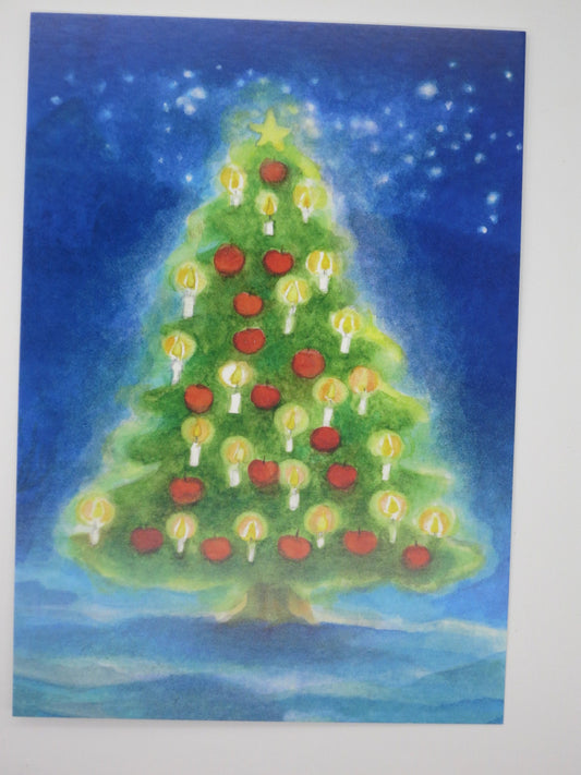 Weihnachtspostkarte Waldorf-Lichterbaum mit Äpfeln und Kerzen statt Kugeln