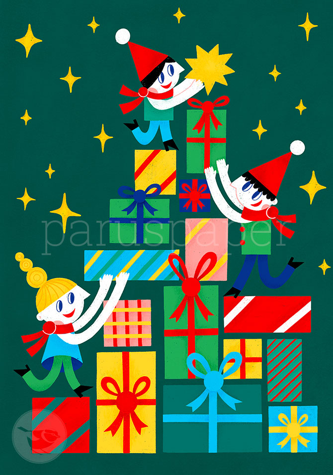 Weihnachtspostkarte drei Wichtelkinder klettern auf einen Turm aus Geschenken