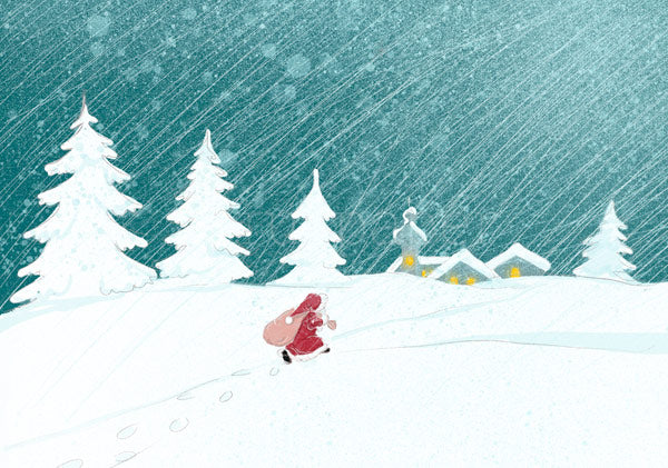 Weihnachtspostkarte winziger Weihnachtsmann läuft durch Schnee zum Dorf