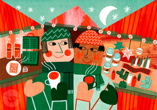 Postkarte 'Auf dem Weihnachtsmarkt' von Mina Braun: Paar trinkt Glühwein an einem winterlich geschmückten Marktstand.