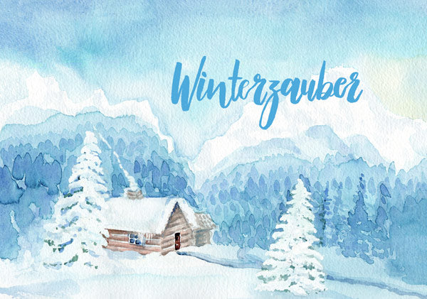 Weihnachtspostkarte Winterzauber, verschneite Berg-Hütte in Blautönen