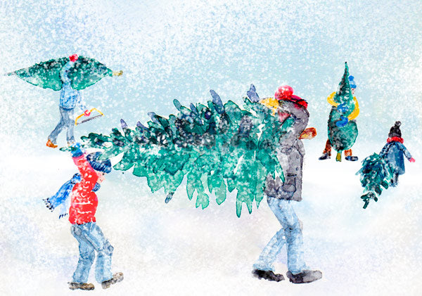 Postkarte 'Wir holen unseren Weihnachtsbaum' von Bettina Beutenmüller: Kinder tragen im Schnee gemeinsam einen Weihnachtsbaum nach Hause.