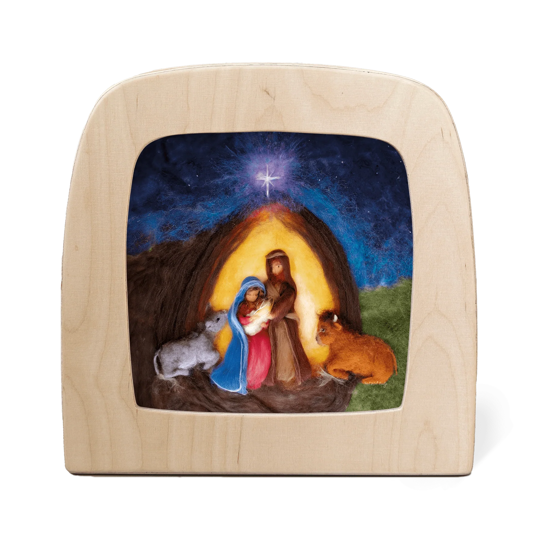 Weihnachtswunder Toverlux Motiv MO115: gefilzte Krippenszene mit Maria, Josef, Ochse und Esel unter dem Stern von Bethlehem – Het Wol Feetje, für die Magische Lampe und den Adventstisch