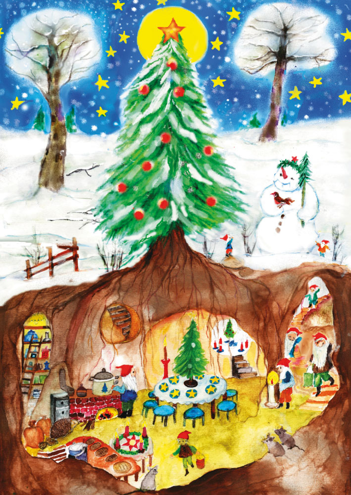 Kunstpostkarte Weihnachtszwerge von Eva-Maria Ott-Heidmann – Zwergenfamilie unter dem Weihnachtsbaum, PKWI18