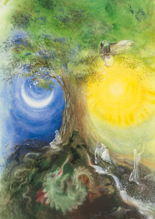 Postkarte Weltenesche Yggdrasil von Cornelia Haendler: mystischer Baum zwischen Mond und Sonne mit Adler