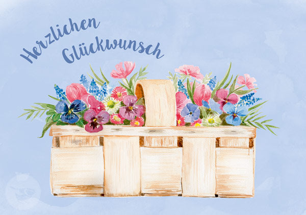 Geburtstagskarte mit Wiesenblumen in einer Holzkiste auf hellblauem Grund – Herzlichen Glückwunsch GK35