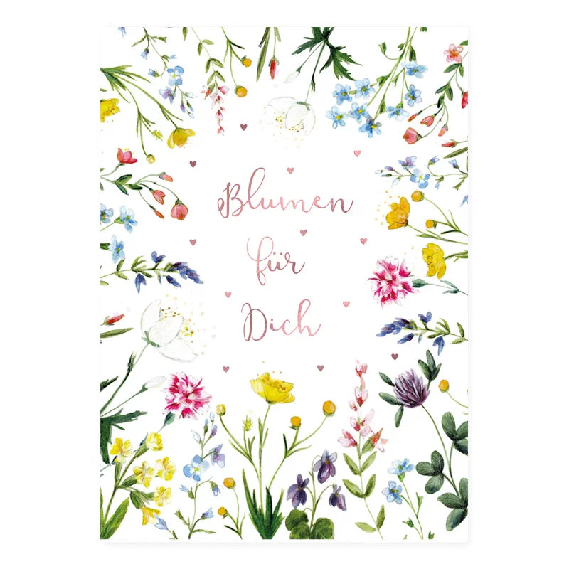 Postkarte Blumen für Dich: Wiesenblumenkranz mit Schriftzug und Herzen – PKGR20