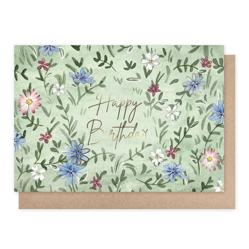 Doppelkarte mit Wildblumen-Streumuster und Happy Birthday in Goldfolie – PKGR13