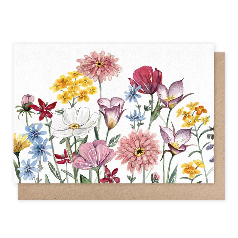 Doppelkarte mit üppigem Wildblumenstrauß aus Zinnien, Kosmee und Tulpen – Blumen PKGR15