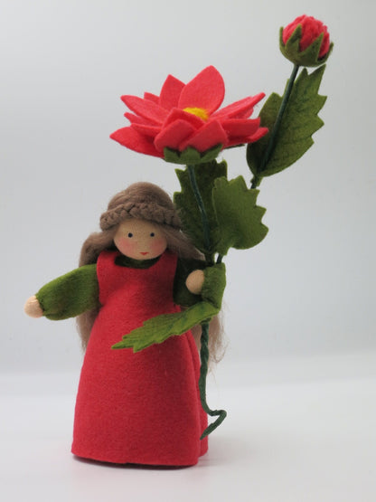 Wilde Dahlie Art. HE50 mit Knospe und offener roter Blüte, Waldorf-Blumenkind für den Herbst-Jahreszeitentisch.