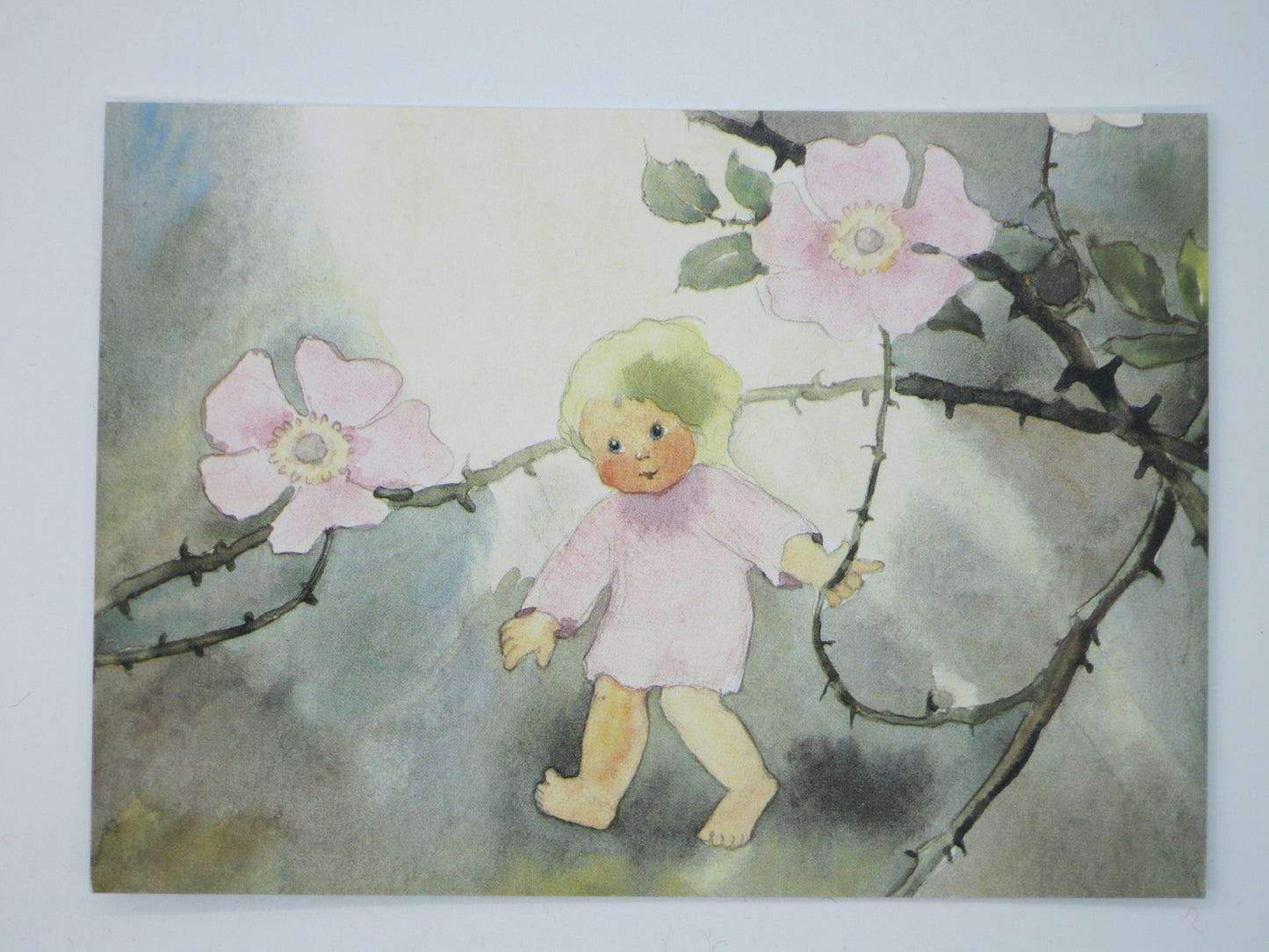 Waldorf Postkarte Wildroeslein von Mili Weber – Blumenkind am Wildrosenzweig