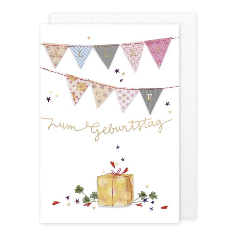 Geburtstagskarte mit Wimpelketten-Schriftzug ALLES GUTE und goldenem Geschenk – Zum Geburtstag GK18-2