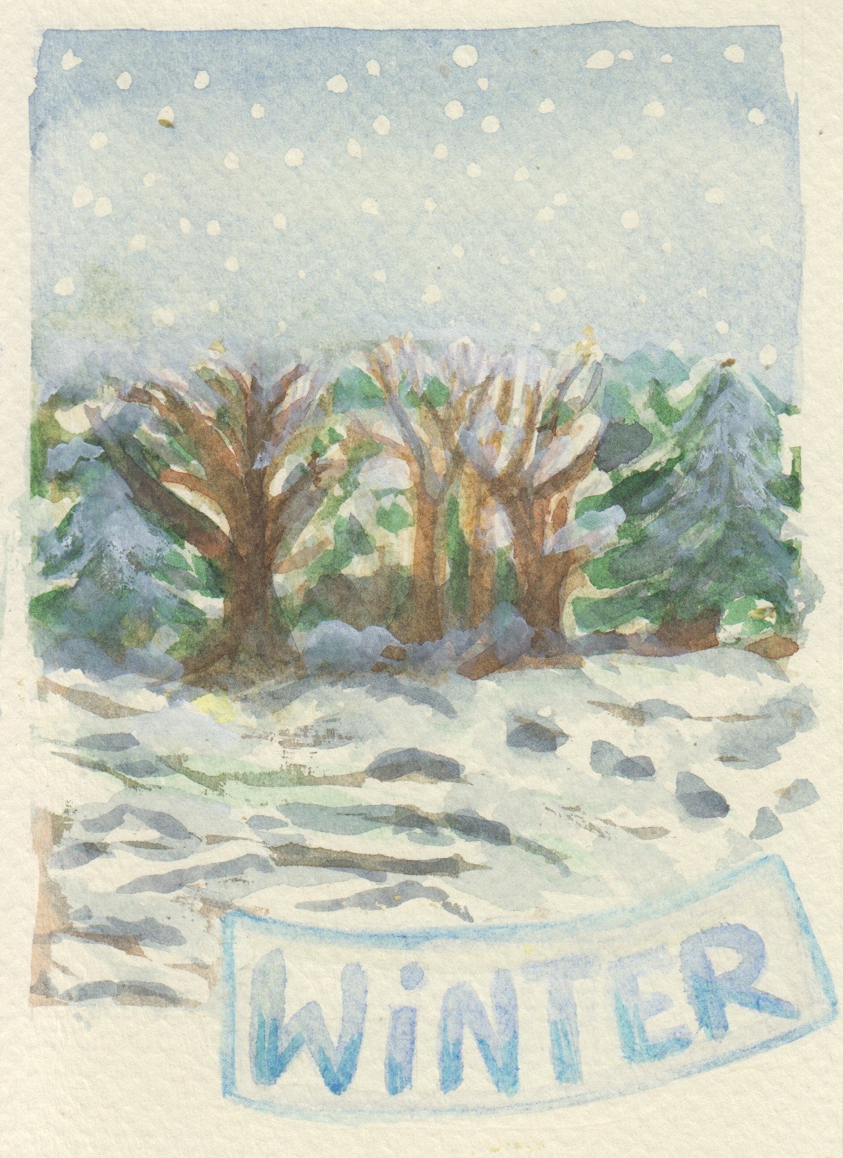 Postkarte Winter von Christiane Cousquer – Baumgruppe im Schneefall mit Schriftband, PKWI274