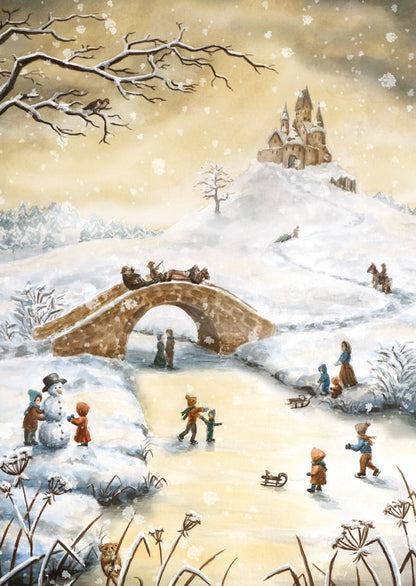 Kunstpostkarte Winterfreude von Raphaela Berendt – Kinder beim Schlittschuhlaufen und Schneemannbauen, PKWI120