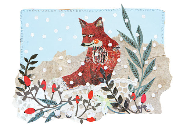 Winterfuchs Postkarte für Kinder – Fuchs im Schnee zwischen Hagebutten, Kerstin Ax, Jahreszeitentisch