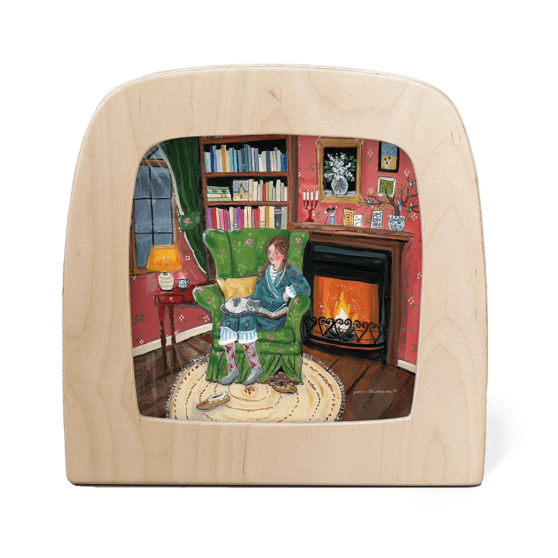 Winterglück Toverlux Motiv MO100: Mädchen liest mit Katze im grünen Ohrensessel am Kaminfeuer, Gwen's Illustrations – für die Magische Lampe und das Kinderzimmer