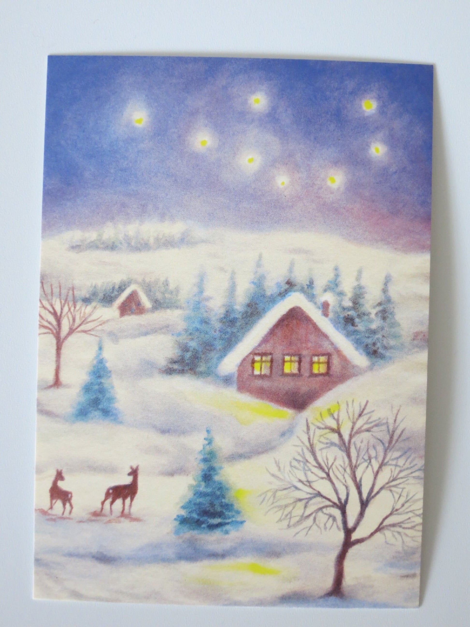 Winterlandschaft Kunst-Postkarte mit Rehen – erleuchtetes Winterhaus im Schnee, Erika Hoffmann, Jahreszeitentisch