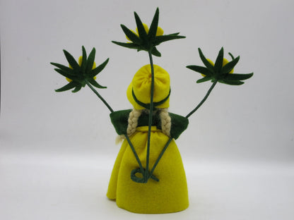 Rückansicht des Winterling-Blumenkinds mit blondem Zopf und gelber Blütenmütze