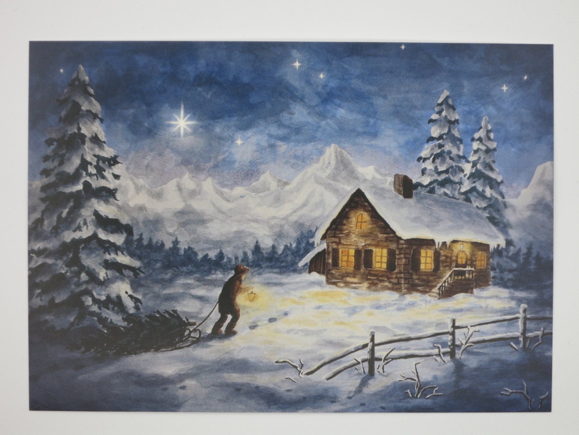 Kunstpostkarte Winternacht von Raphaela Berendt – Kind mit Laterne vor Berghütte im Schnee, PKWI116