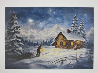 Kunstpostkarte Winternacht von Raphaela Berendt – Kind mit Laterne vor Berghütte im Schnee, PKWI116
